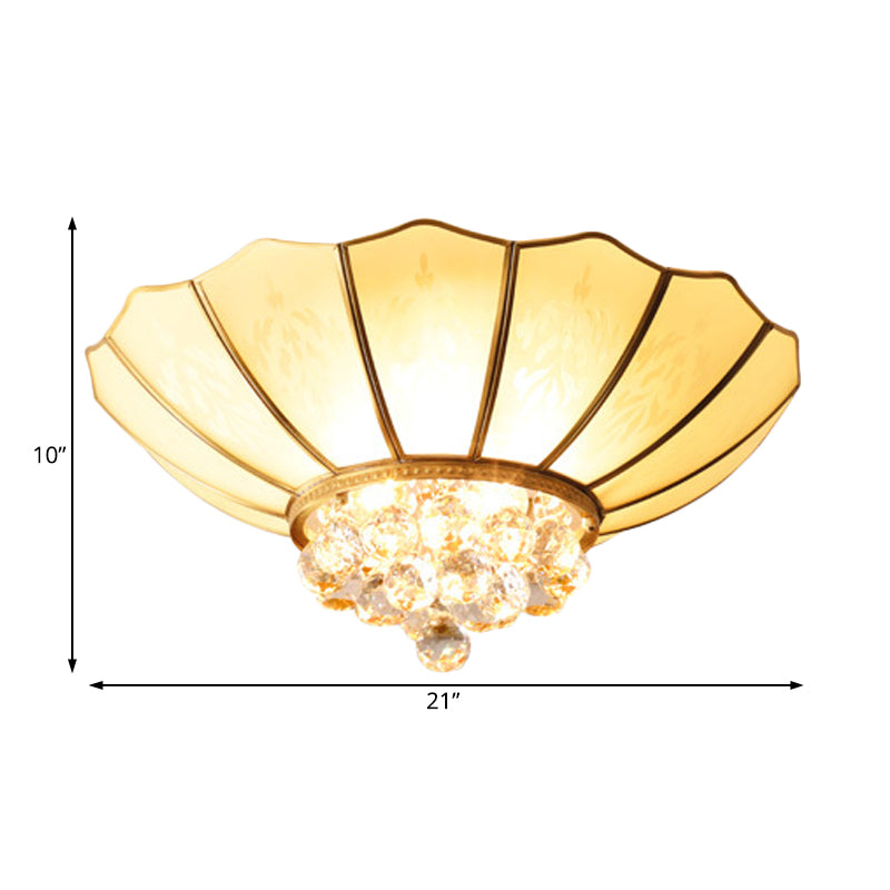 Traditional Frosted Glass Dome Flush Mount Chandelier with Crystal Drop - Brass Ceiling Fixture, 21"/25.5" Wide, 4/6 Bulb