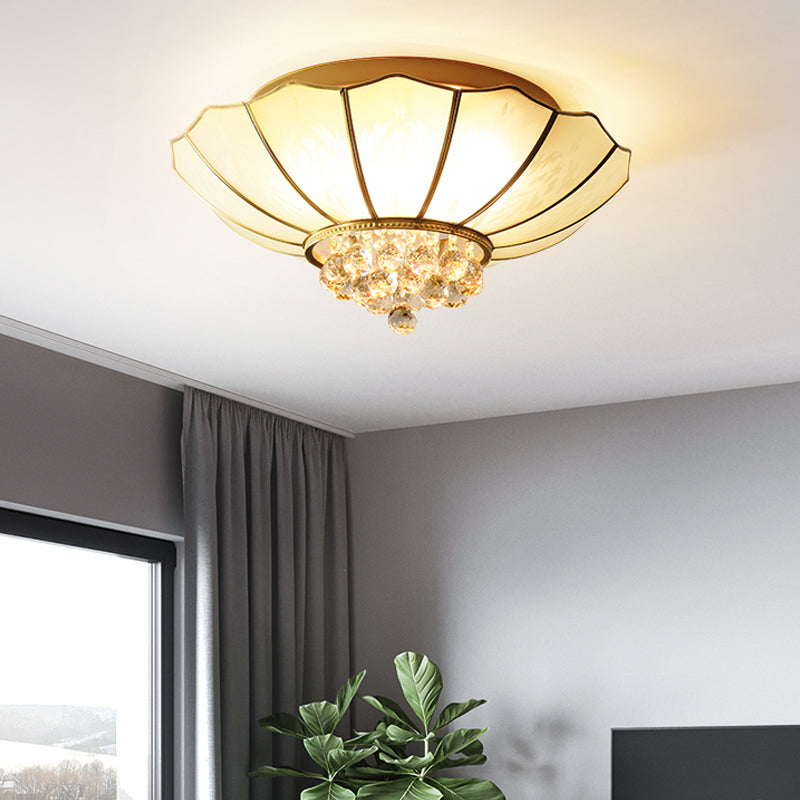 Traditional Frosted Glass Dome Flush Mount Chandelier with Crystal Drop - Brass Ceiling Fixture, 21"/25.5" Wide, 4/6 Bulb