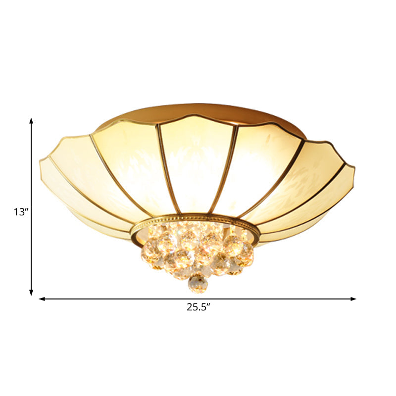Traditional Frosted Glass Dome Flush Mount Chandelier With Crystal Drop - Brass Ceiling Fixture