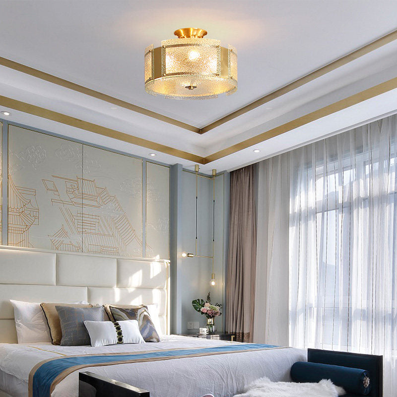 Lampe semi-encastrée traditionnelle en laiton avec verre texturé - Plafonnier à 4 têtes pour salon