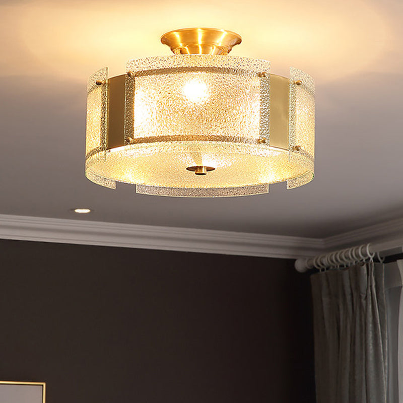 Lampe semi-encastrée traditionnelle en laiton avec verre texturé - Plafonnier à 4 têtes pour salon