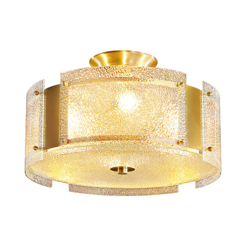 Lampe semi-encastrée traditionnelle en laiton avec verre texturé - Plafonnier à 4 têtes pour salon
