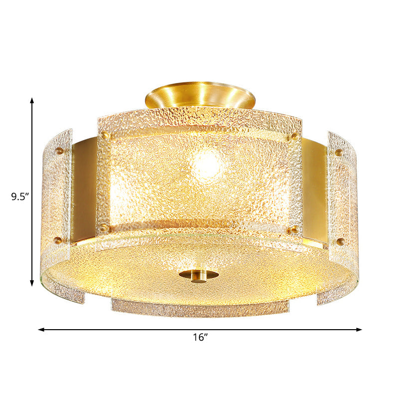 Lampe semi-encastrée traditionnelle en laiton avec verre texturé - Plafonnier à 4 têtes pour salon