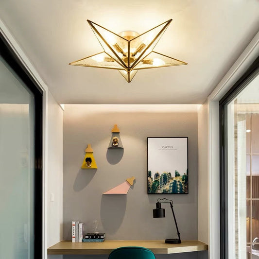Brass Textured Glass Star Flush Mount Chandelier - Traditional Ceiling Fixture for Living Room (5 Bulbs)