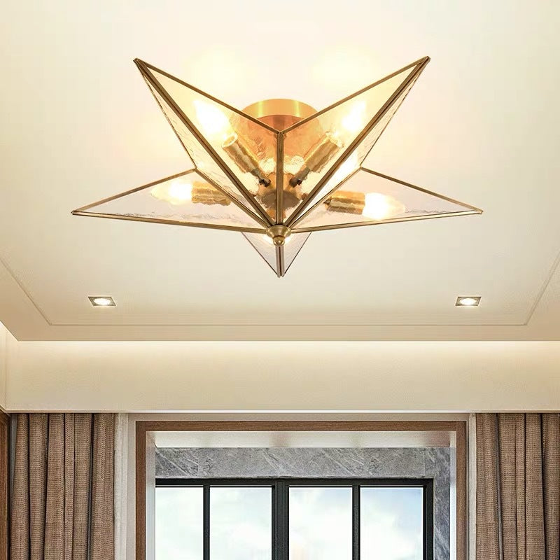 Brass Textured Glass Star Flush Mount Chandelier - Traditional Ceiling Fixture for Living Room (5 Bulbs)