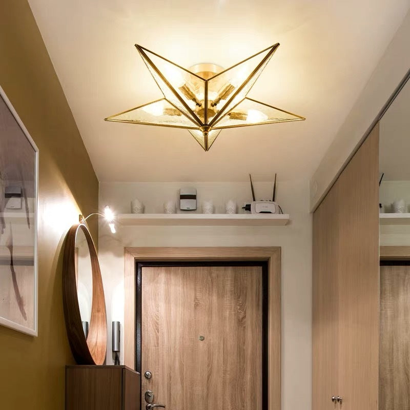 Brass Textured Glass Star Flush Mount Chandelier - Traditional Ceiling Fixture For Living Room (5