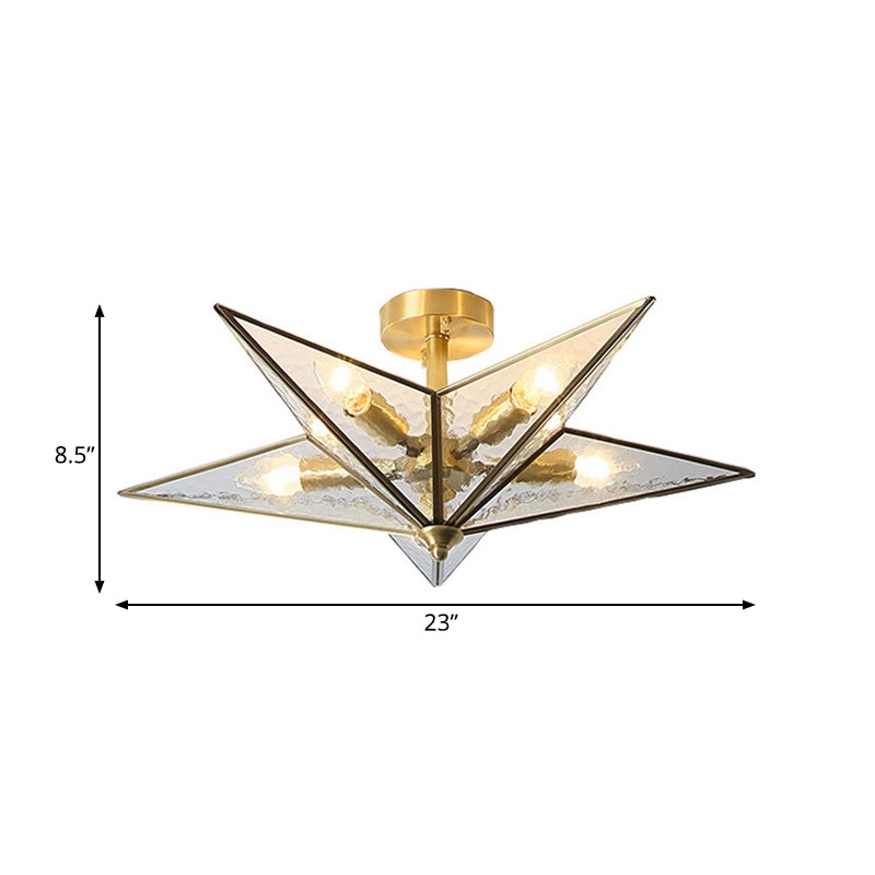 Brass Textured Glass Star Flush Mount Chandelier - Traditional Ceiling Fixture For Living Room (5