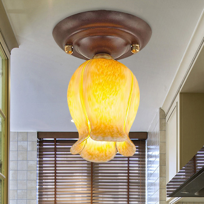 Traditional Glass Flush Ceiling Light Fixture - Flower Shaped, White/Yellow/Purple - 1 Light for Living Room