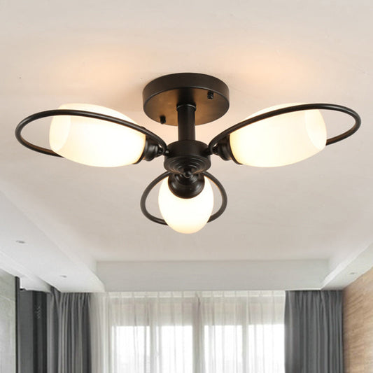 Semi Flush Mount Traditional Flower Shaped Ceiling Light: 3/6/8 Lights, White Glass, Black, Ideal for Living Room