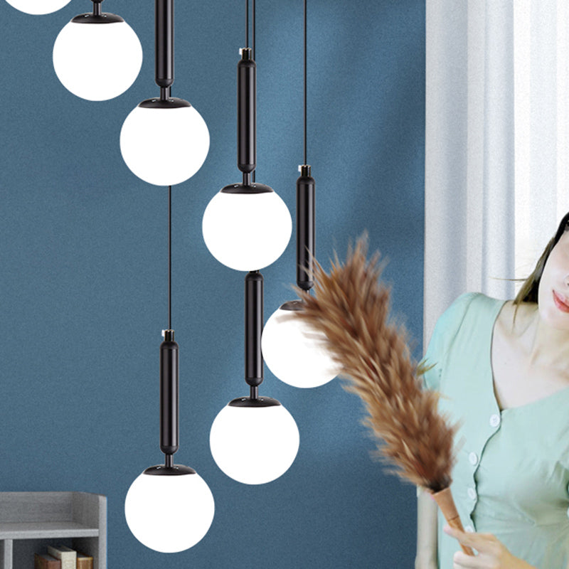 Globe Stairs Multi Lamp Ceiling Light - Cream Glass Modern Pendant Fixture