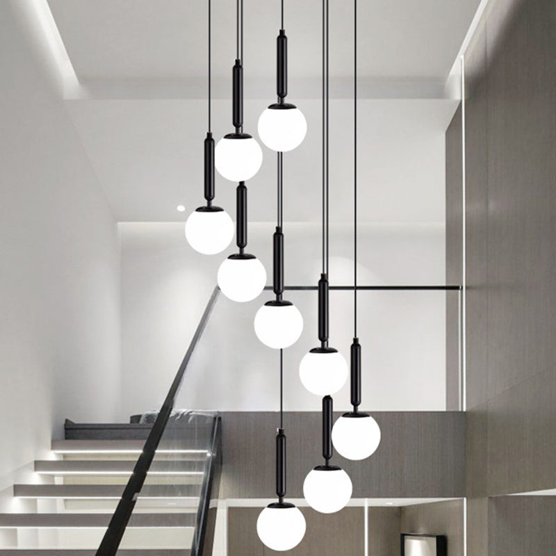 Globe Stairs Multi Lamp Ceiling Light - Cream Glass Modern Pendant Fixture