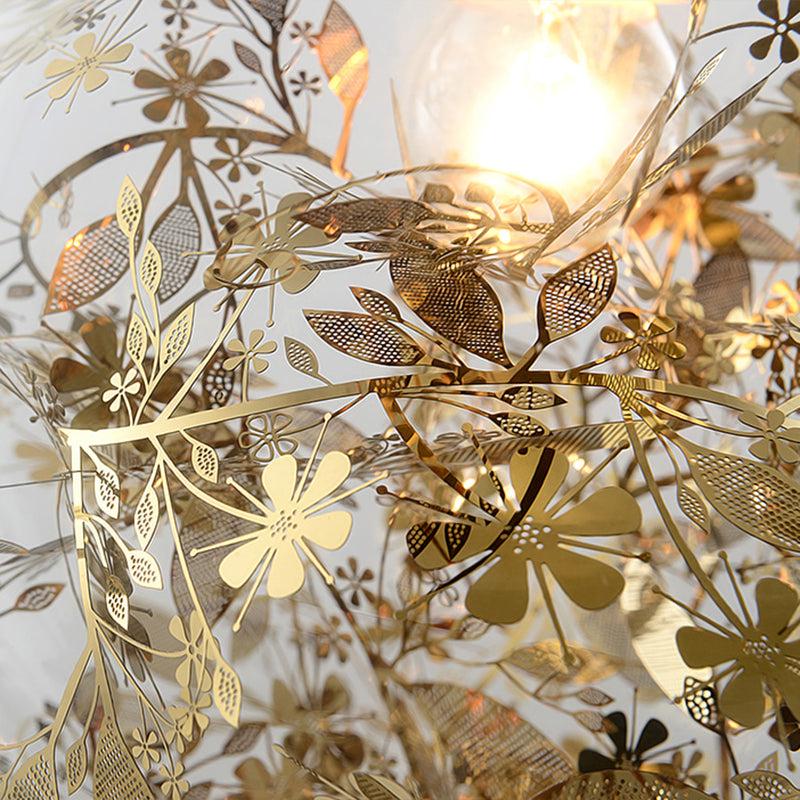 Lustre sphérique moderne avec accents floraux en verre transparent et métal doré - 10 lumières pour escaliers