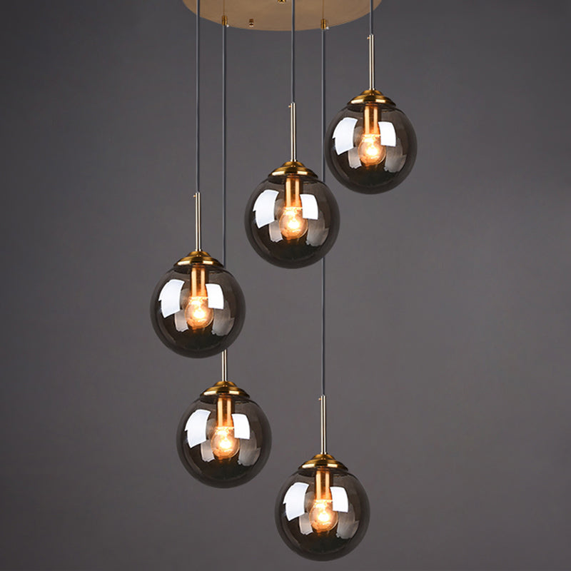 Post-Modern Cluster Ball Pendant Light Fixture with Brass Finish & Glass Shades - 5 Bulb Suspension