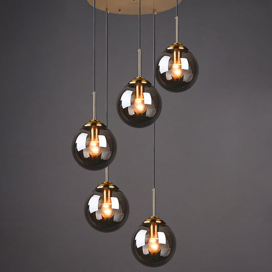 Post-Modern Cluster Ball Pendant Light Fixture with Brass Finish & Glass Shades - 5 Bulb Suspension