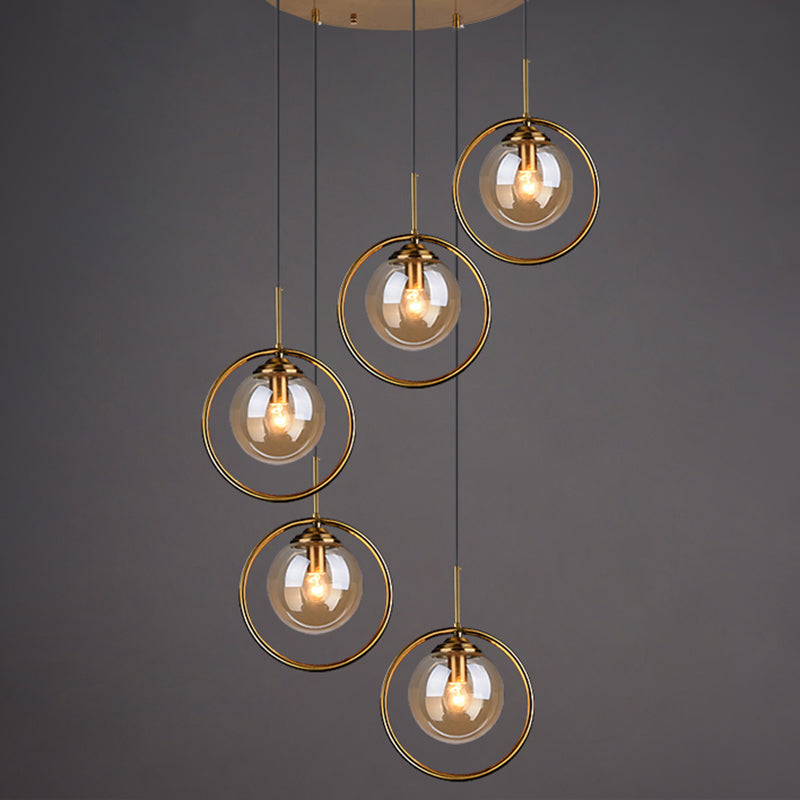 Post-Modern Cluster Ball Pendant Light Fixture with Brass Finish & Glass Shades - 5 Bulb Suspension