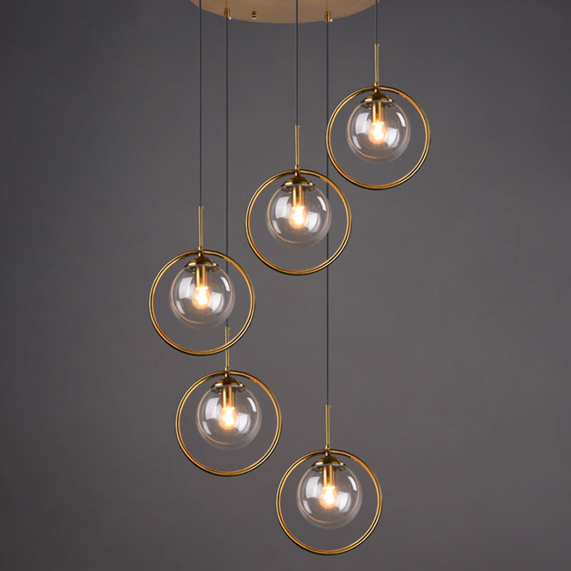 Post-Modern Cluster Ball Pendant Light Fixture with Brass Finish & Glass Shades - 5 Bulb Suspension