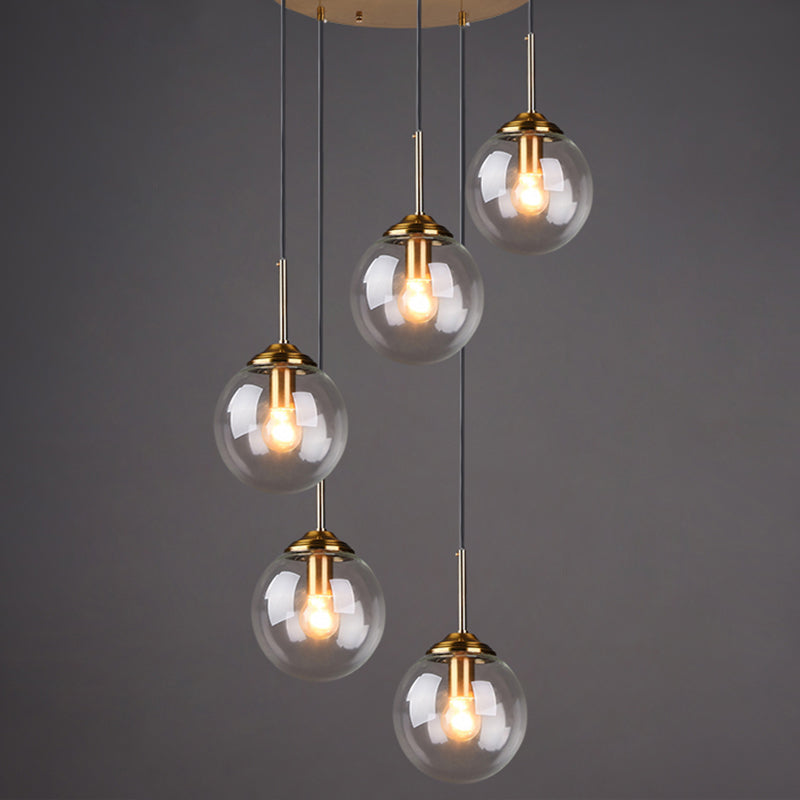 Post-Modern Cluster Ball Pendant Light Fixture with Brass Finish & Glass Shades - 5 Bulb Suspension