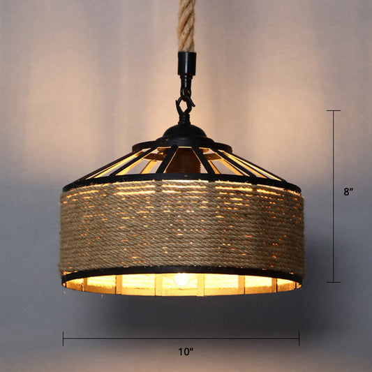 Suspension en corde de chanvre Farmhouse - Design en cage conique, finition marron, 1 ampoule
