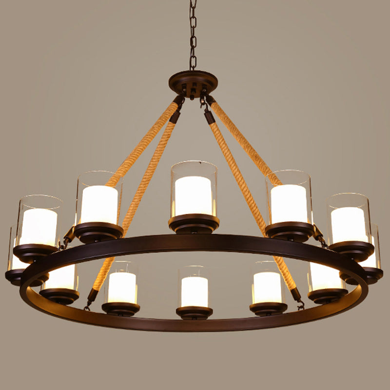 Farmhouse Cylindrical Suspension Lamp: Clear Glass Chandelier with Rope Arm