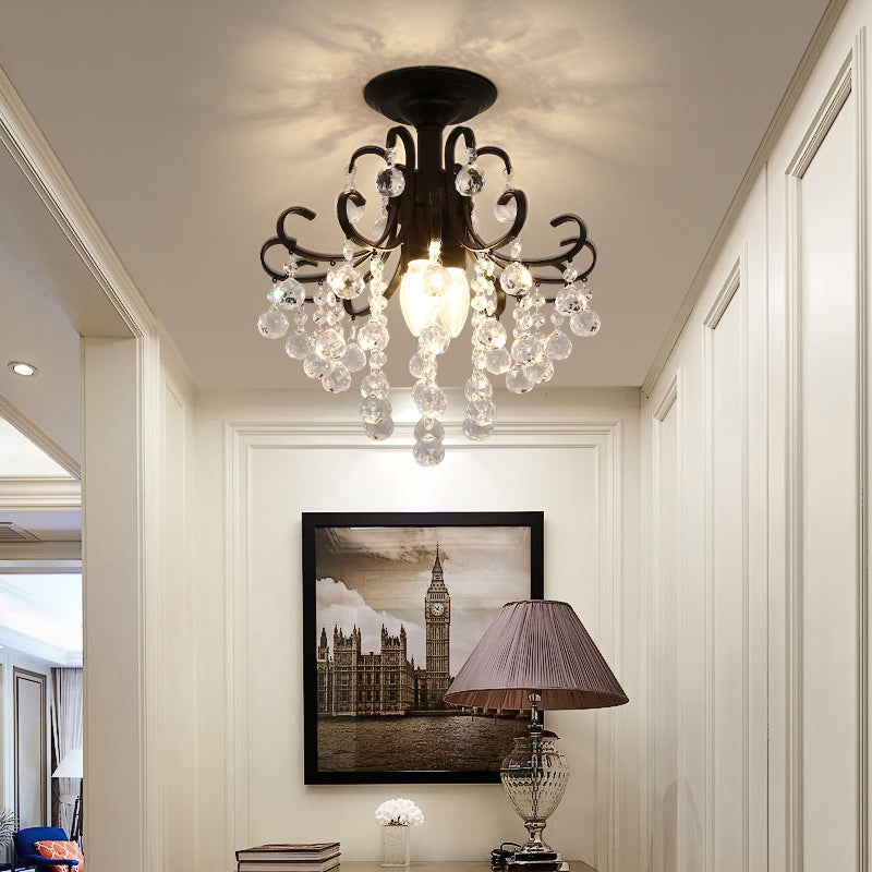 Vintage Swirl Crystal Semi-Mount Ceiling Light (Black) - 3-Bulb for Foyer
