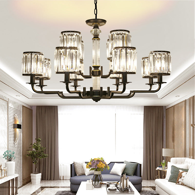 Minimalist Crystal Cylinder Pendant Lamp: Black Finish Chandelier For Bedroom
