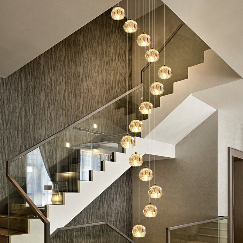 Golden Cluster Pendant Light with Faceted Cut Crystal Ball Design for Stairway Illumination