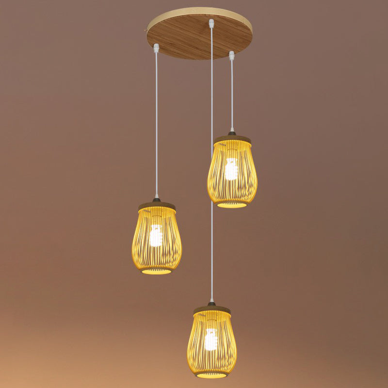 Asian Bamboo Suspension Pendant Light for Stairway - Beige