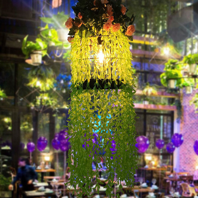Iron Cage Suspension Light Farmhouse Pendant With Fake Plant Decor - 1 Bulb Bistro Drop