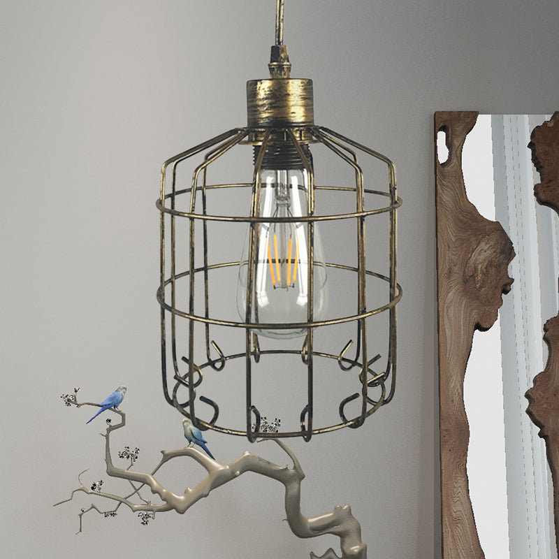 Industrial Wire Frame Pendant Light - Dark Rust, Adjustable Cord