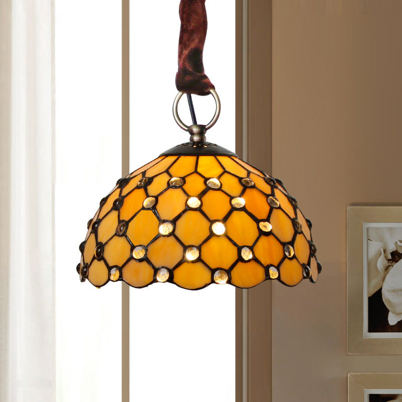 Lampe à suspension en verre Tiffany beige : plafonnier élégant à 1 ampoule avec décoration en bijou