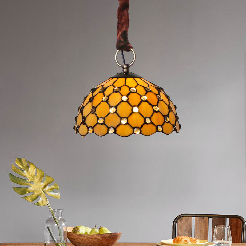 Lampe à suspension en verre Tiffany beige : plafonnier élégant à 1 ampoule avec décoration en bijou