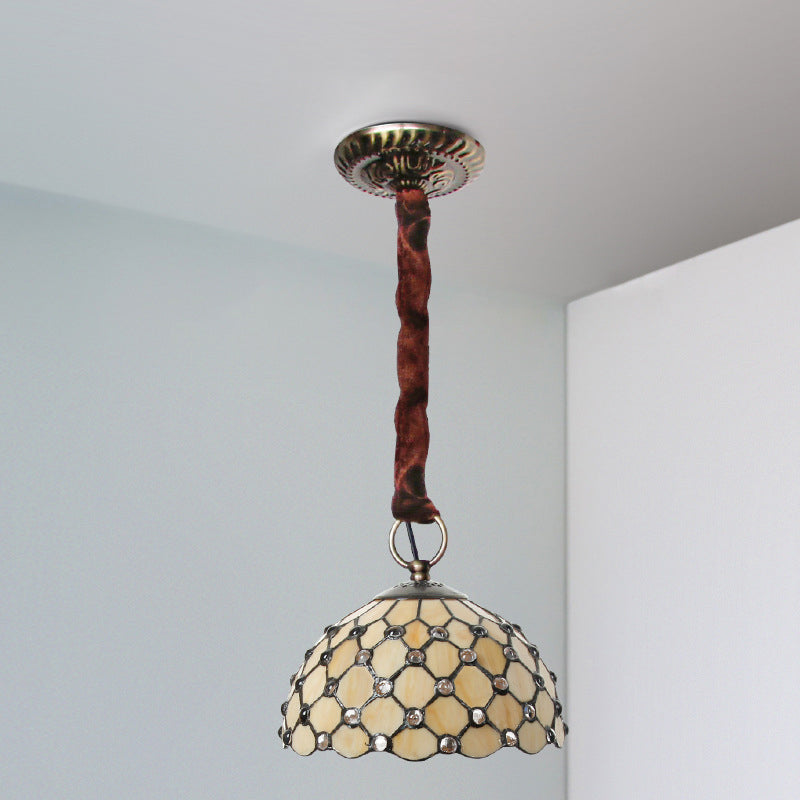 Lampe à suspension en verre Tiffany beige : plafonnier élégant à 1 ampoule avec décoration en bijou