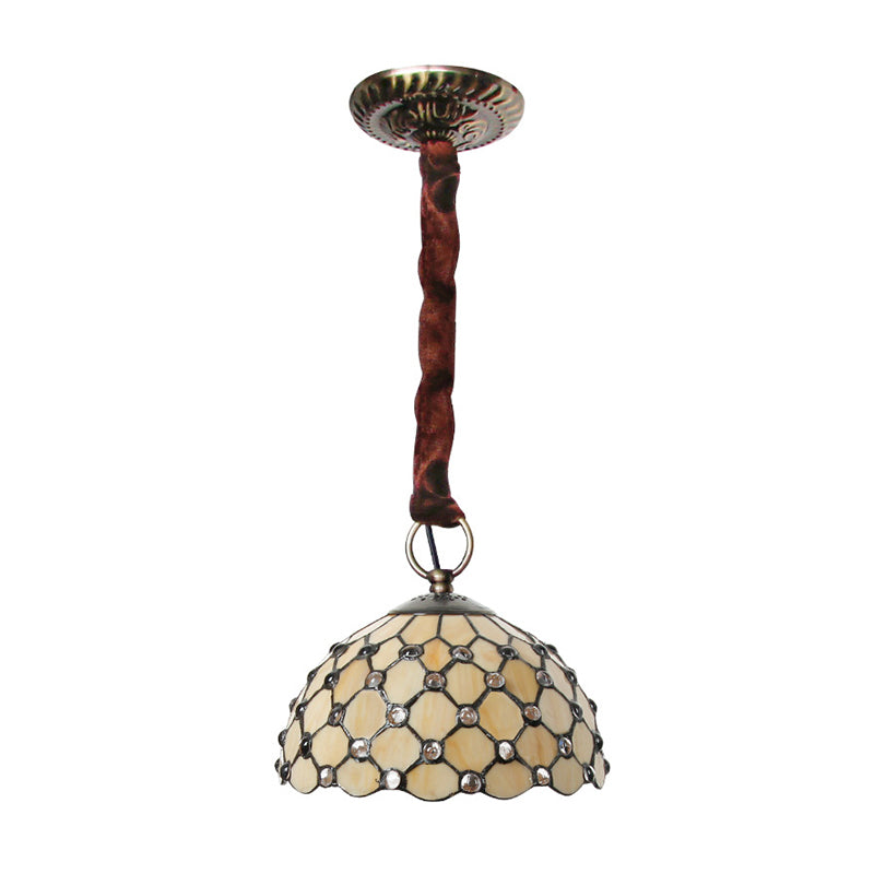 Lampe à suspension en verre Tiffany beige : plafonnier élégant à 1 ampoule avec décoration en bijou