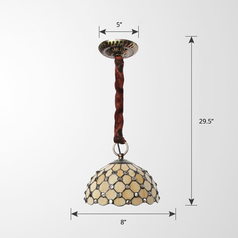 Lampe à suspension en verre Tiffany beige : plafonnier élégant à 1 ampoule avec décoration en bijou