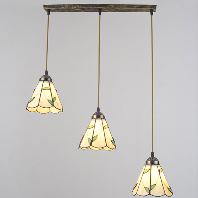 Beige Tiffany Stained Glass Suspension Lighting - 3-Bulb Cluster Pendant for Dining Room