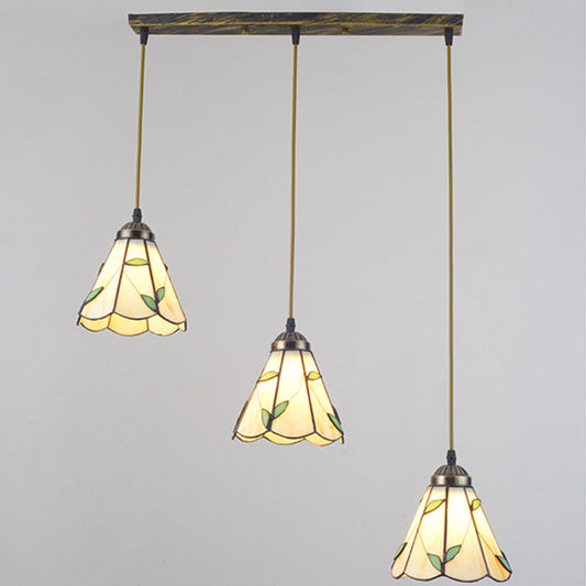 Beige Tiffany Stained Glass Suspension Lighting - 3-Bulb Cluster Pendant for Dining Room