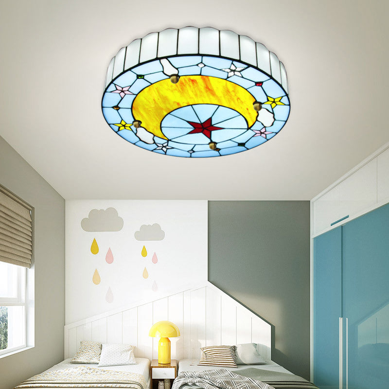 Blue Baroque Glass Ceiling Lamp: Hand-Crafted Round Flush Mount Light for Bedroom