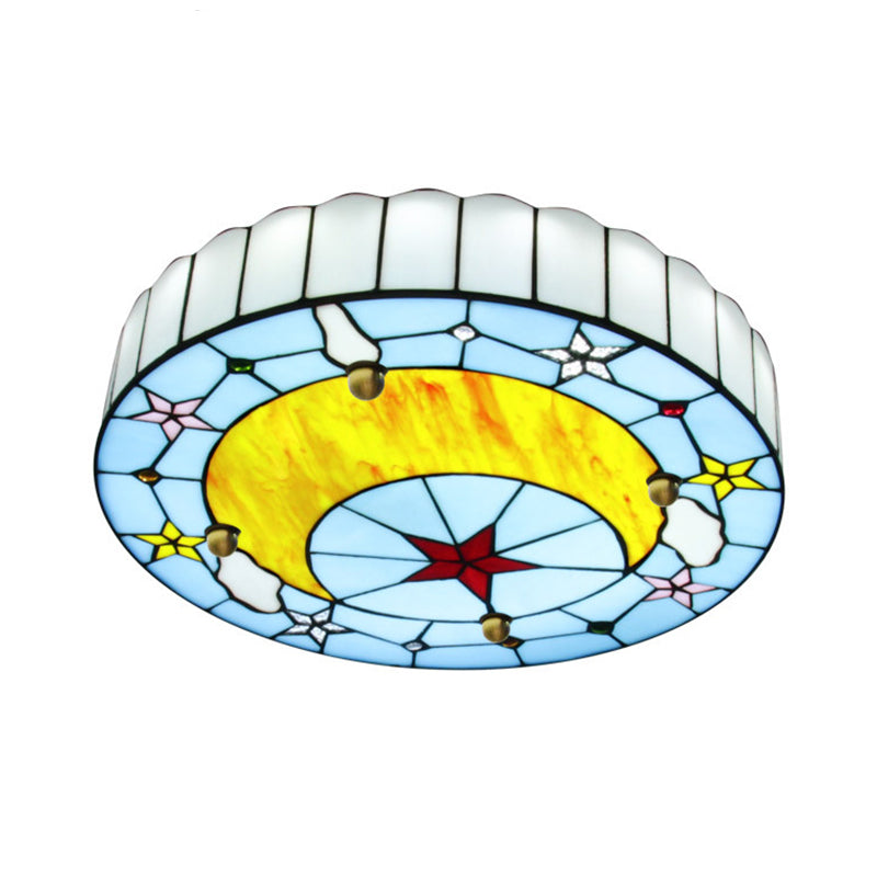 Blue Baroque Glass Ceiling Lamp: Hand-Crafted Round Flush Mount Light for Bedroom