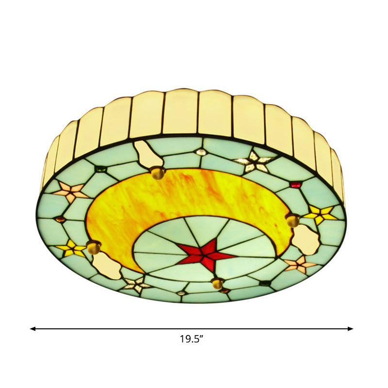 Blue Baroque Glass Ceiling Lamp: Hand-Crafted Round Flush Mount Light for Bedroom