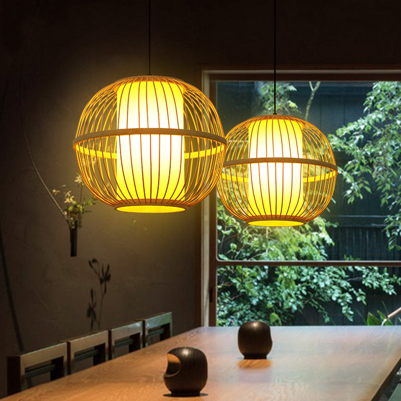 Suspended Beige Wooden Sphere Tea Room Pendant Light With Single Bulb