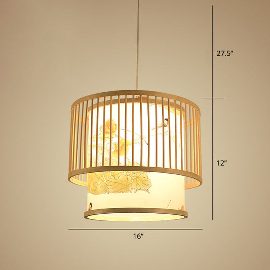 Bamboo Drum Pendant Lamp - Asian 1-Light Beige Ceiling Light With Printed Cylindrical Shade / 16