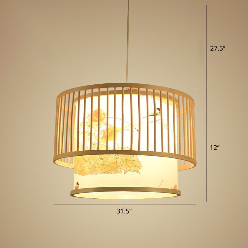 Bamboo Drum Pendant Lamp - Asian 1-Light Beige Ceiling Light With Printed Cylindrical Shade