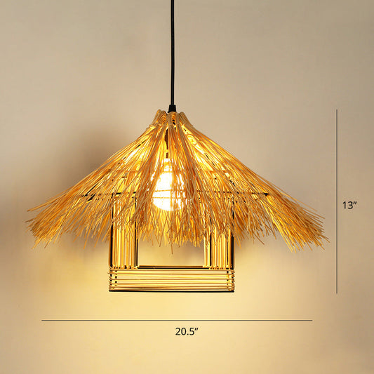 House-Shaped Bamboo Pendant Lamp - Asian Restaurant Hanging Light Fixture Beige