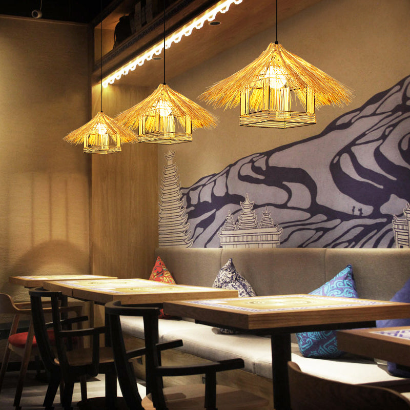 House-Shaped Bamboo Pendant Lamp - Asian Restaurant Hanging Light Fixture