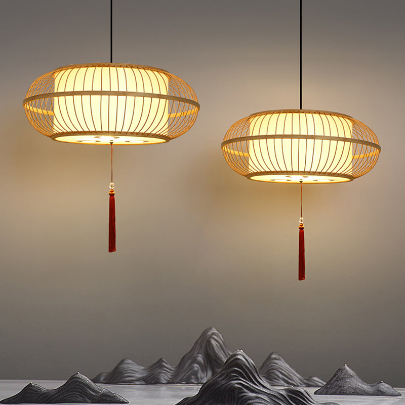 Asian Bamboo Drum Pendant Ceiling Lamp: Beige 1-Light Suspension Light With Tassel Knot