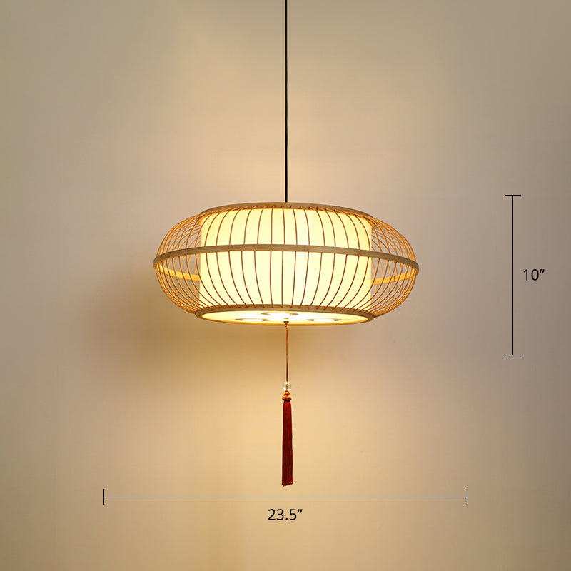 Asian Bamboo Drum Pendant Ceiling Lamp: Beige 1-Light Suspension Light With Tassel Knot / 23.5