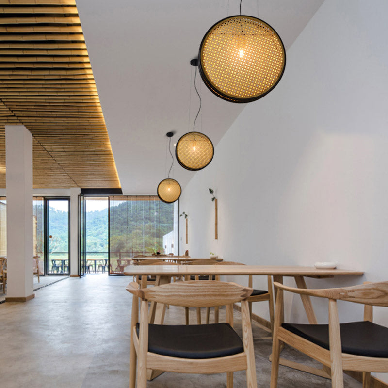 Creative Asian 1-Light Rattan Drop Pendant Ceiling Light For Beige Bedroom / 12