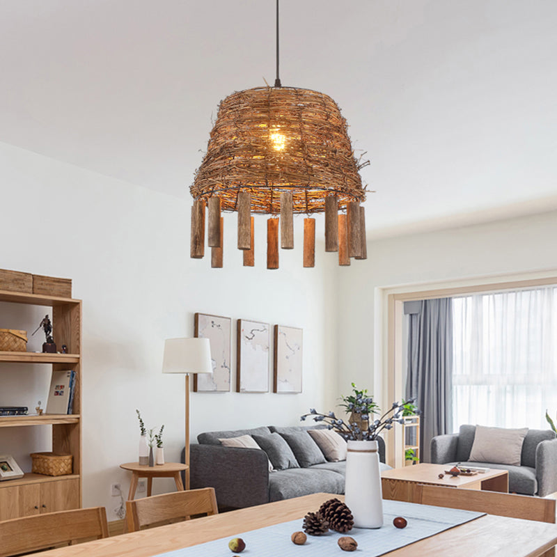 Rustic Rattan Hanging Light Fixture With Country Charm - Single Bulb Pendant For Restaurant Ceiling