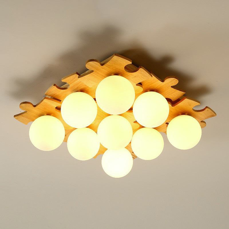 Modern Wood Puzzle Design Semi Flush Ceiling Light with White Glass Ball