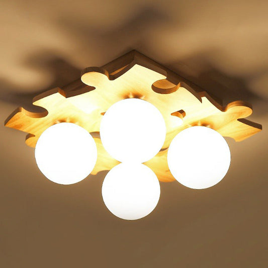 Modern Wood Puzzle Design Semi Flush Ceiling Light with White Glass Ball